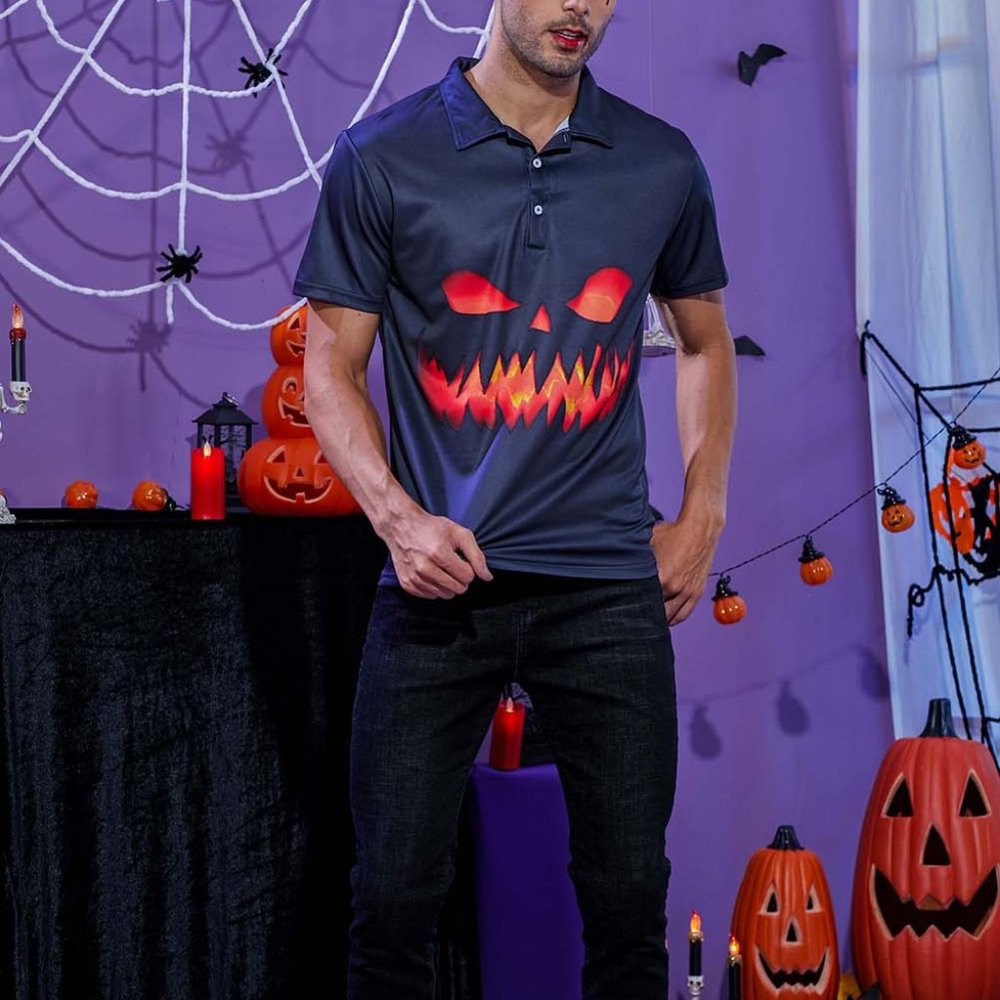 Men's Lapel Shirt Halloween Elements 3D Printing Short Sleeve Polo Shirt Top - Picture 3 of 9